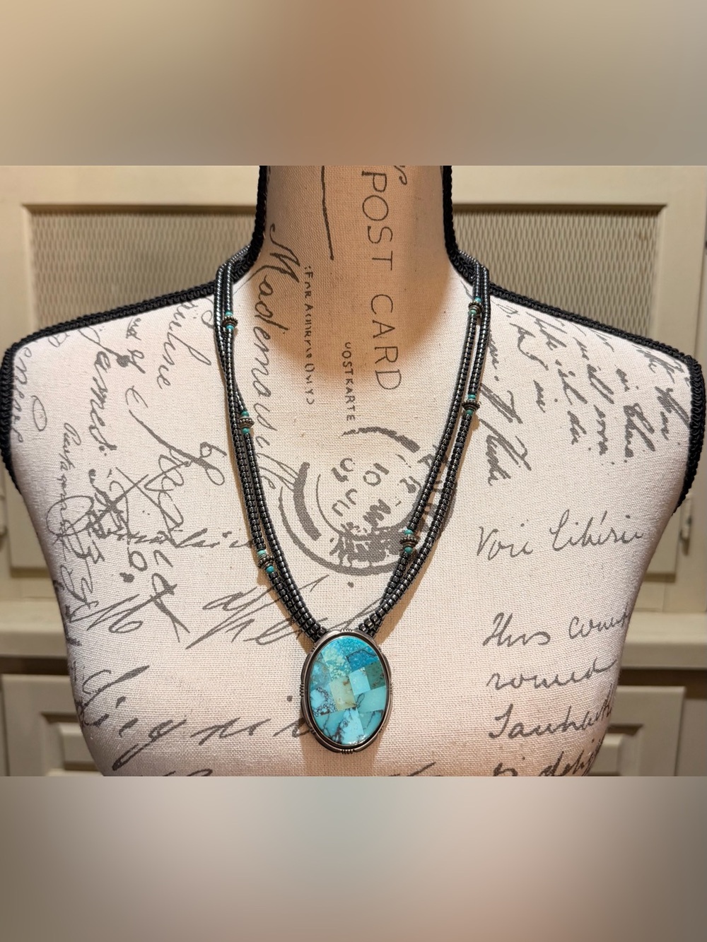 Signed Secatero Navajo Sterling Silver Mosaic Turquoise Necklace Pin